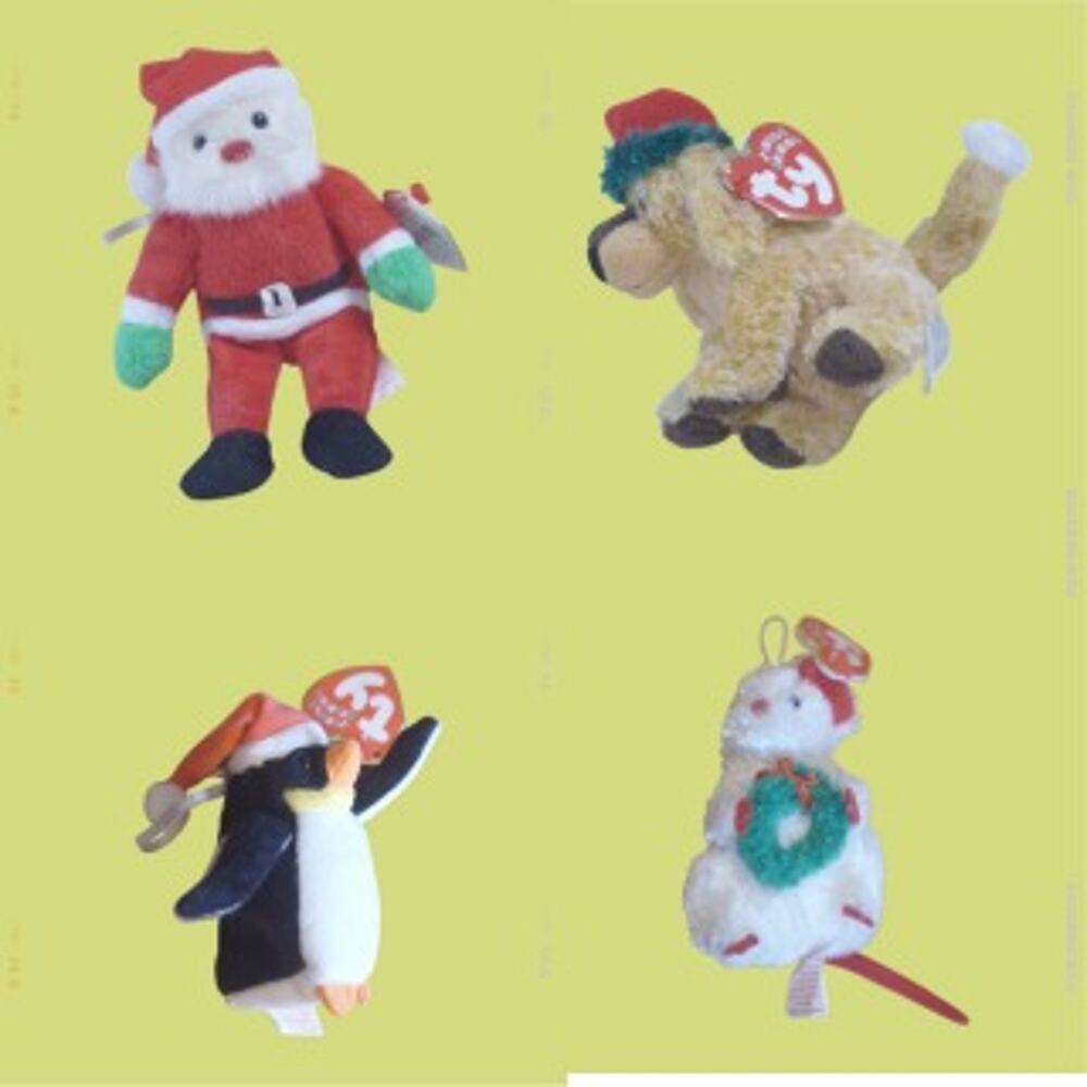 TY Beanie Babies Holiday Bundle – Santa, Penguin, Dog, Mouse – 1990s Jingle Bean